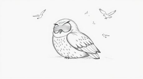 A charming hand-drawn sketch depicting a blind owl in Pixar style resting peacefully on a white background. Small birds circl
