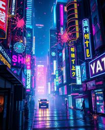 A captivating piece of digital art showcases vibrant neon splashes exploding across a futuristic cyberpunk cityscape.  The ar