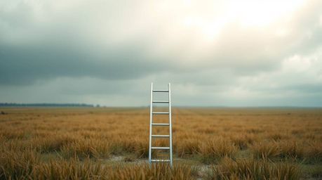 A minimalist scene featuring a silver ladder standing in an open field beneath a cloudy sky. The wet, rainy atmosphere and in