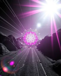 Explore a captivating surreal image rendered in infrared tones, showcasing a striking bright lens flare and a black and white
