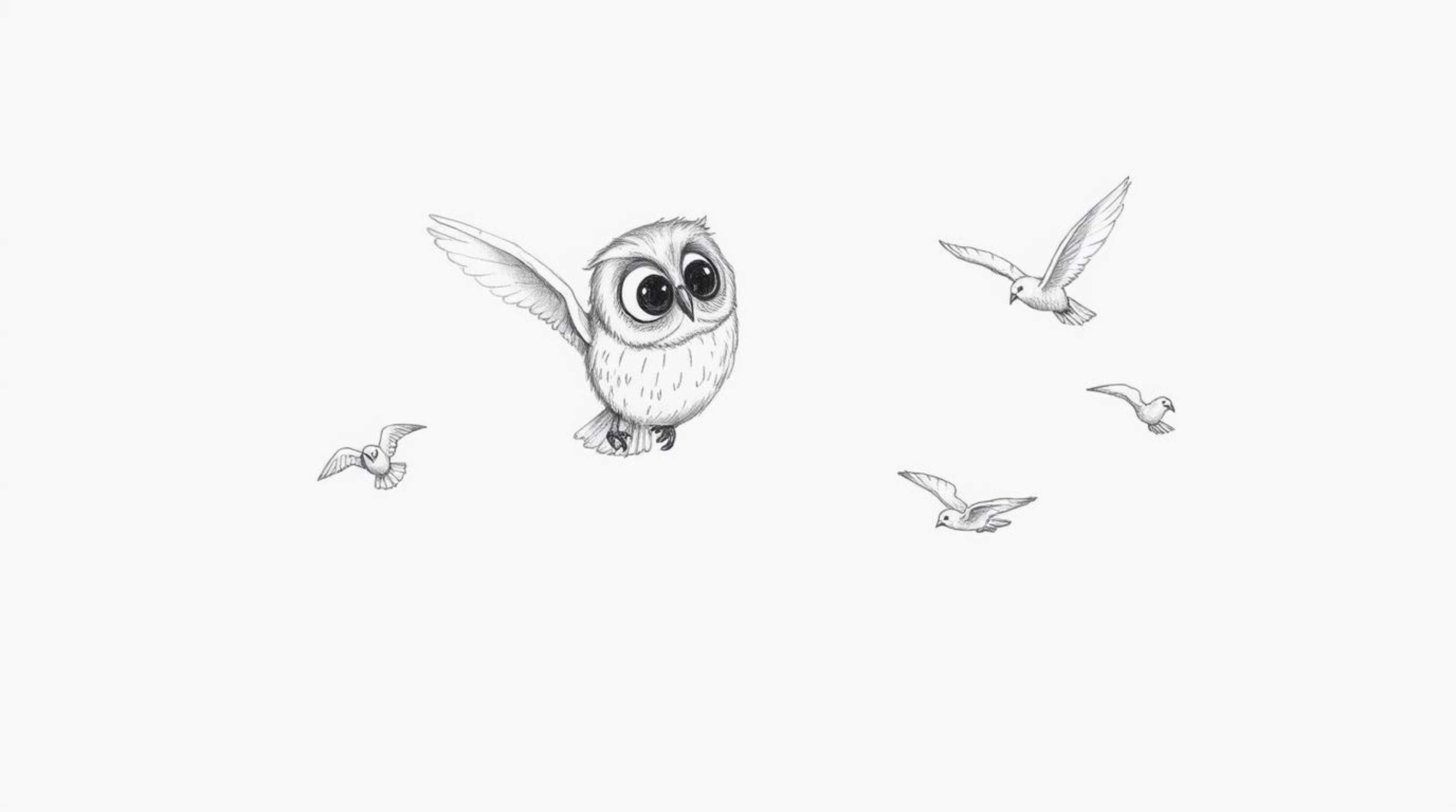 A textured, hand-drawn pencil sketch featuring a blind owl, its feathers rendered with carefully placed strokes, guiding bird