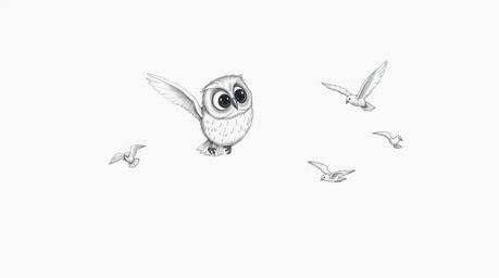 A textured, hand-drawn pencil sketch featuring a blind owl, its feathers rendered with carefully placed strokes, guiding bird