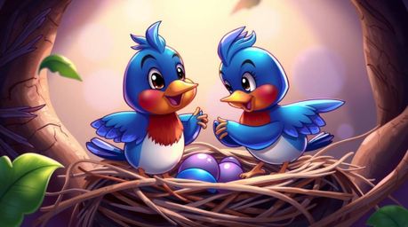 Two cartoon birds are depicted diligently building a nest in a charming, classic animation style. The scene is brought to lif