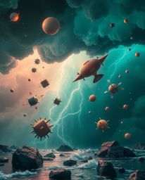 Experience a rich and deep teal surreal storm featuring floating objects and broken gravity, all brought to life with adorabl