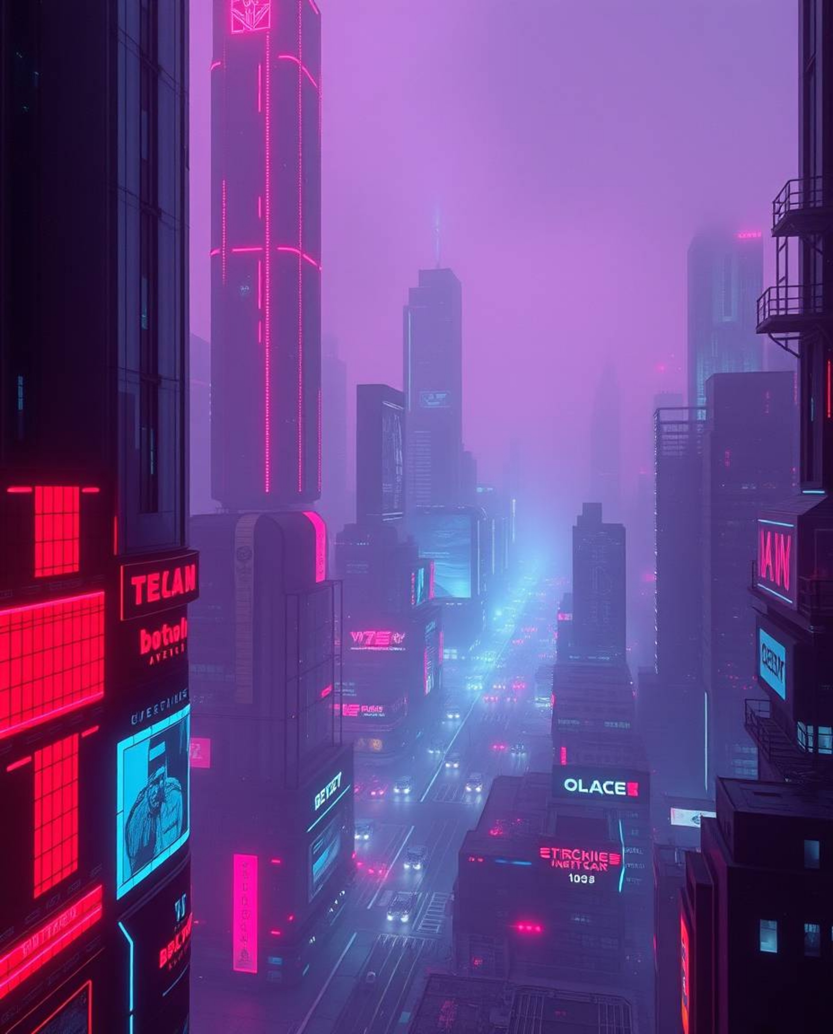 Immerse yourself in a sophisticated and elegant futuristic city, rendered in rich burgundy and deep blue hues.  Thick fog shr