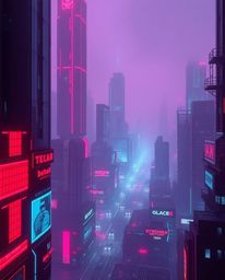 Immerse yourself in a sophisticated and elegant futuristic city, rendered in rich burgundy and deep blue hues.  Thick fog shr