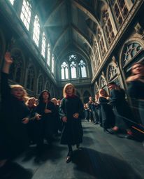 A captivating low-angle, long-exposure photograph showcases a magical school brimming with young wizards.  Dramatic lighting 