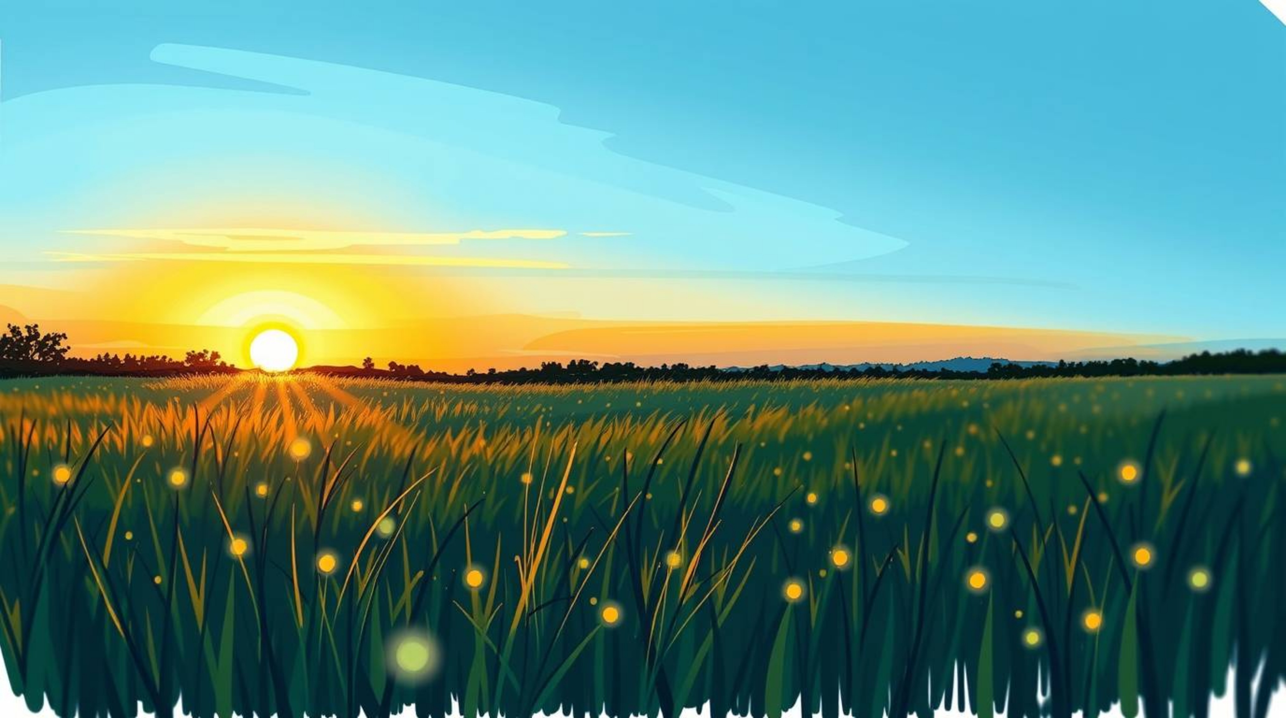 A captivating hand-drawn sketch depicts a serene sunset over a quiet meadow, where fireflies begin to glimmer.  Rendered in a