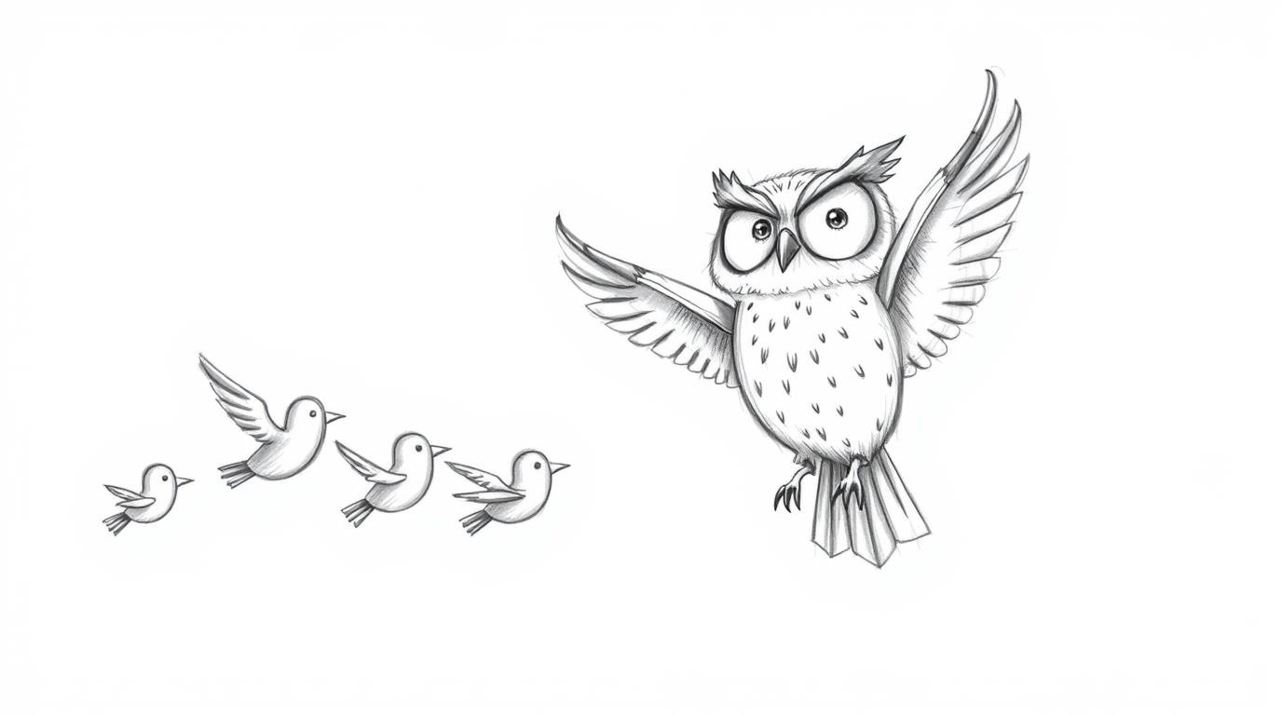 A heartwarming, whimsical scene depicting a blind owl, rendered in a hand-drawn Pixar style, guides a flock of birds in synch