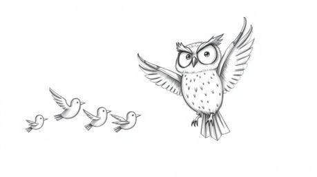 A heartwarming, whimsical scene depicting a blind owl, rendered in a hand-drawn Pixar style, guides a flock of birds in synch