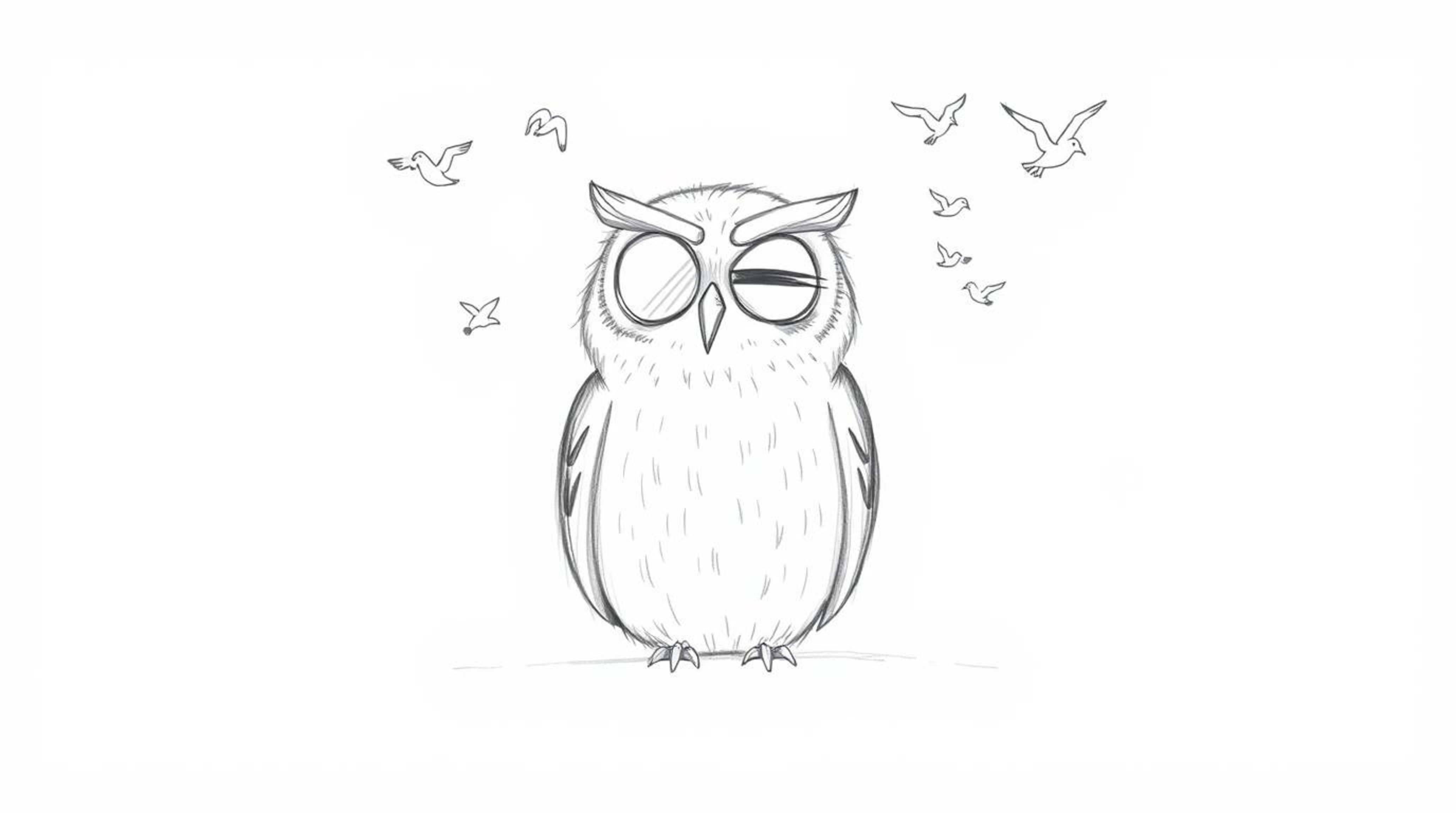 A captivating hand-drawn sketch in the style of Pixar showcases a blind owl, rendered with soft, textured pencil strokes and 