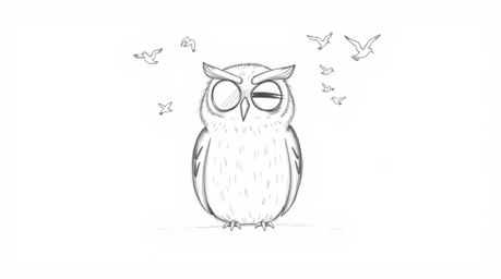 A captivating hand-drawn sketch in the style of Pixar showcases a blind owl, rendered with soft, textured pencil strokes and 
