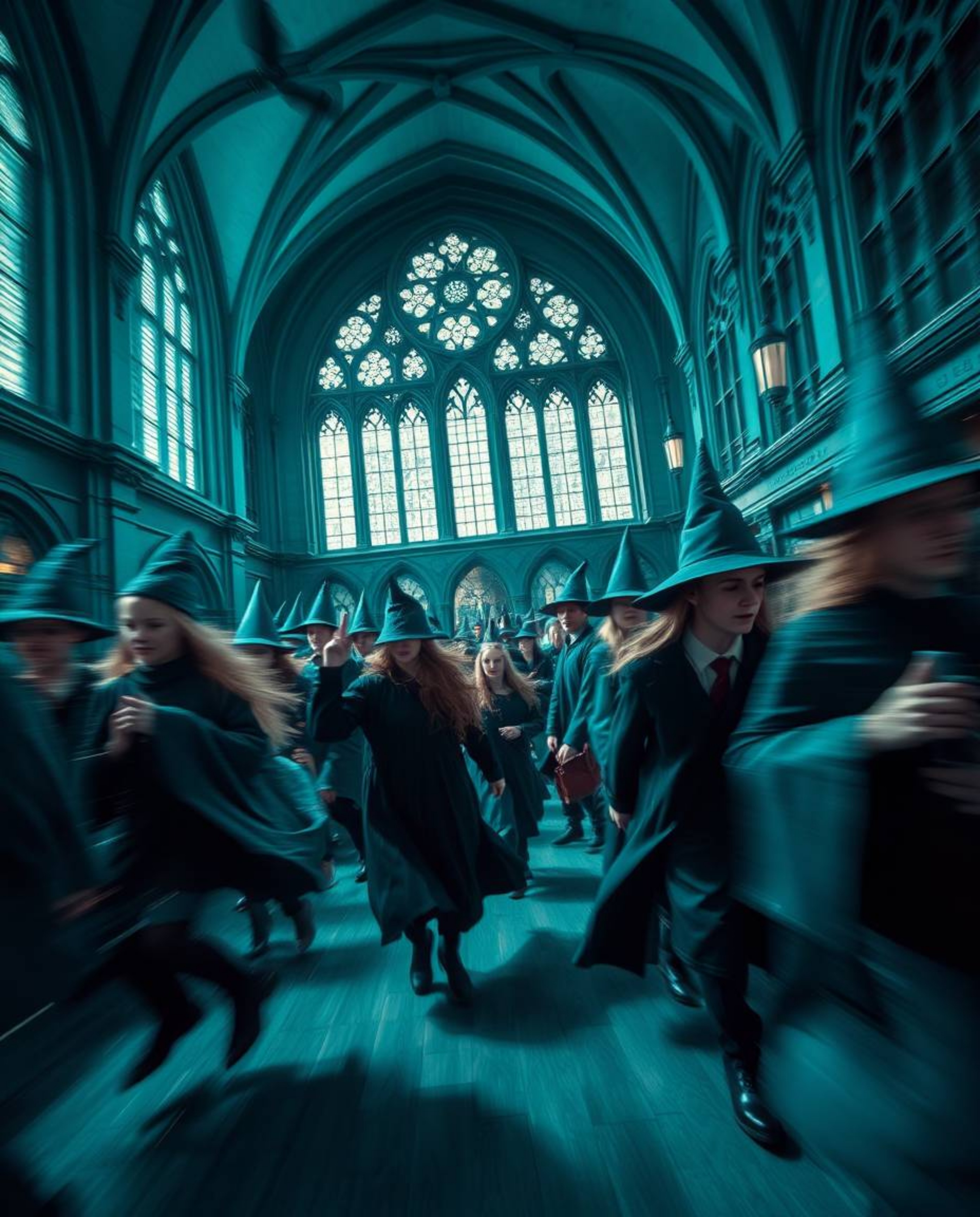 A captivating dynamic image depicting a magical school brimming with young wizards. Rendered in rich, deep teal tones, the sc