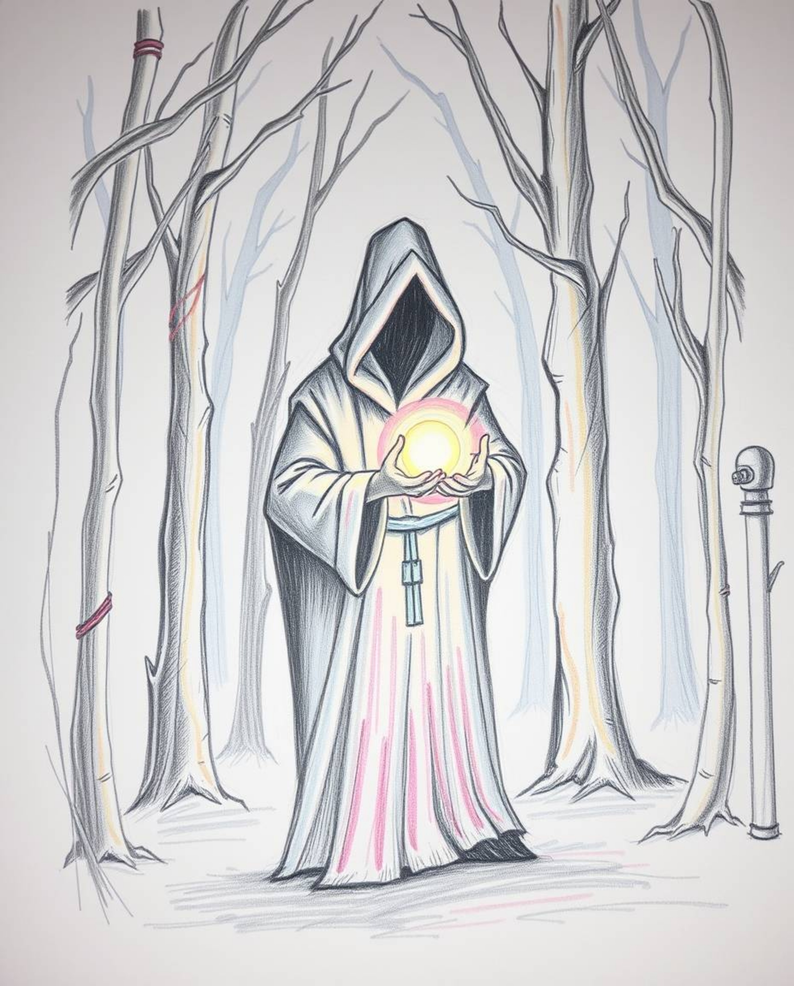 A captivating hand-drawn sketch depicts a cloaked figure shrouded in mist within a dark forest, holding a vibrant, glowing or