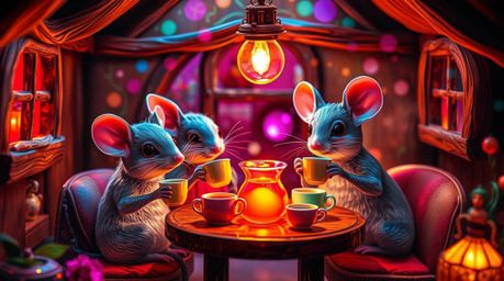 A captivating piece of digital light art showcases anthropomorphic mice enjoying a tea party in a charming cottage.  Bright, 