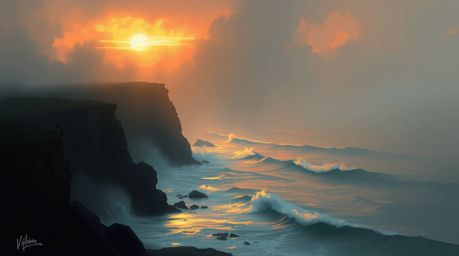 A captivating digital sketch depicting waves crashing against dramatic cliffs at sunset.  The artwork features loose painterl