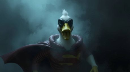 A digital painting showcases a duck donned in a comical superhero costume, enveloped in dense fog and shadowed by dark tones.