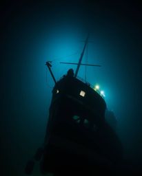 High-resolution stock photo showcasing a captivating shipwreck illuminated deep underwater. This professional quality image i