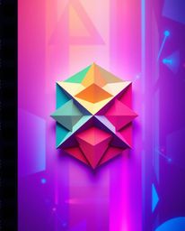 This vibrant logo design features a film-like composition with a 3D geometric pattern resembling folded paper. The logo showc