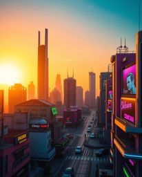 Immerse yourself in a vibrant cyberpunk cityscape bathed in the warm glow of golden hour light. Experience the flow state as 
