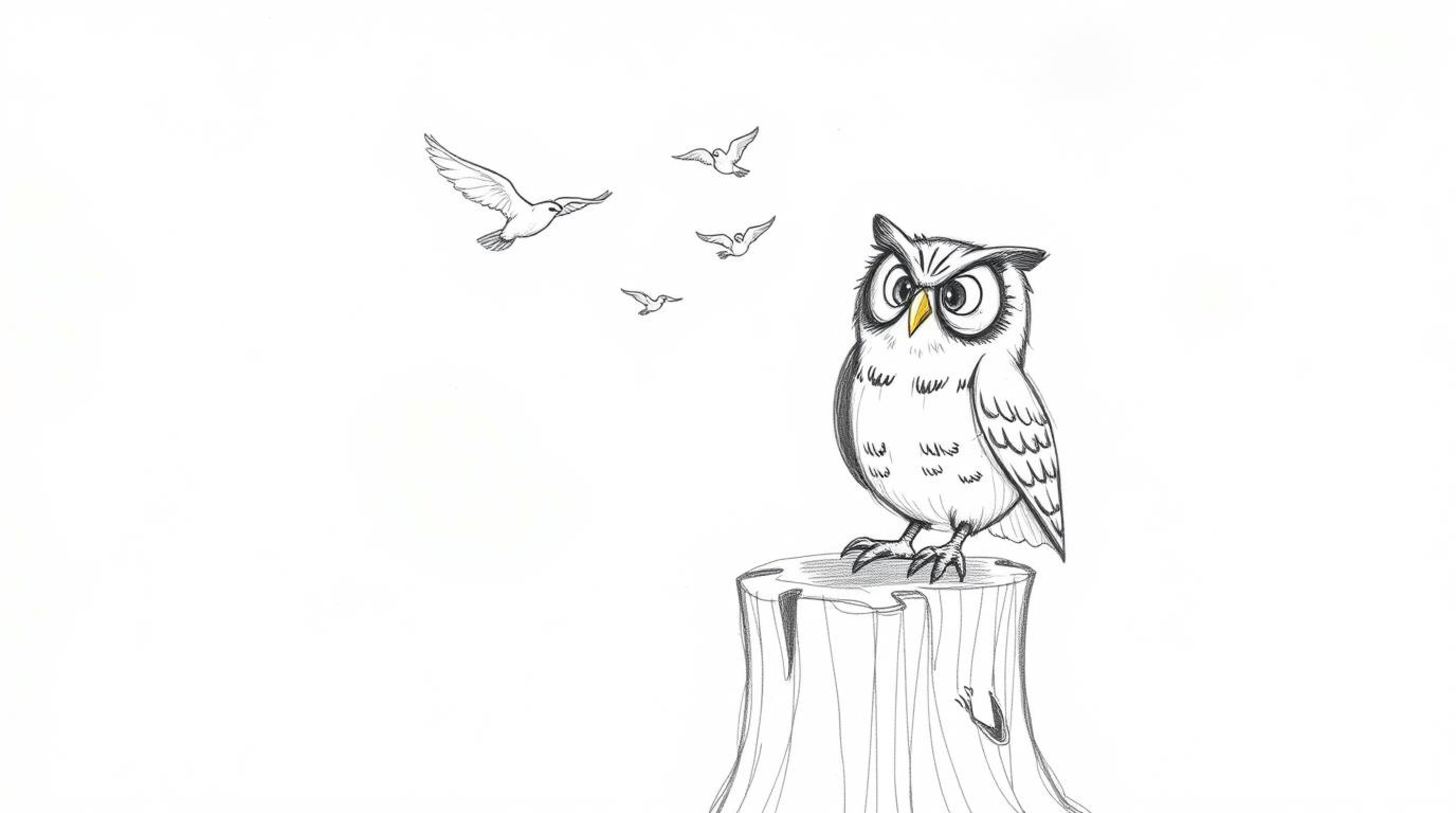 A heartwarming hand-drawn sketch in the style of Pixar portrays a blind owl with incredibly expressive eyes perched on a weat