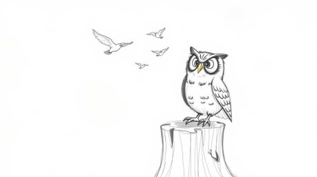 A heartwarming hand-drawn sketch in the style of Pixar portrays a blind owl with incredibly expressive eyes perched on a weat
