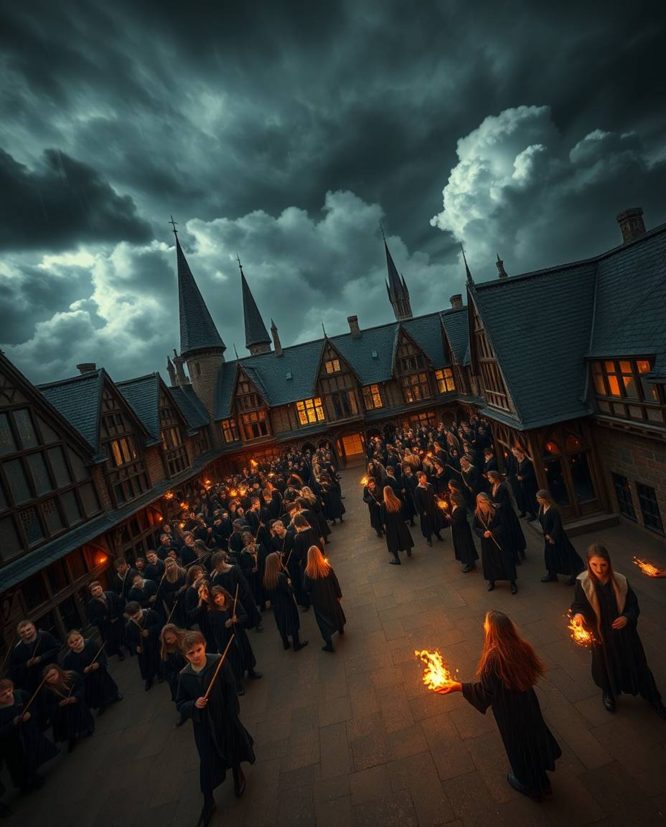 A captivating high-angle photograph showcases a magical school brimming with young wizards, set against a backdrop of dramati