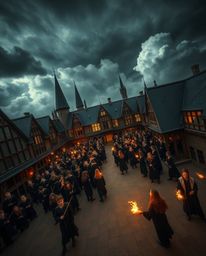 A captivating high-angle photograph showcases a magical school brimming with young wizards, set against a backdrop of dramati
