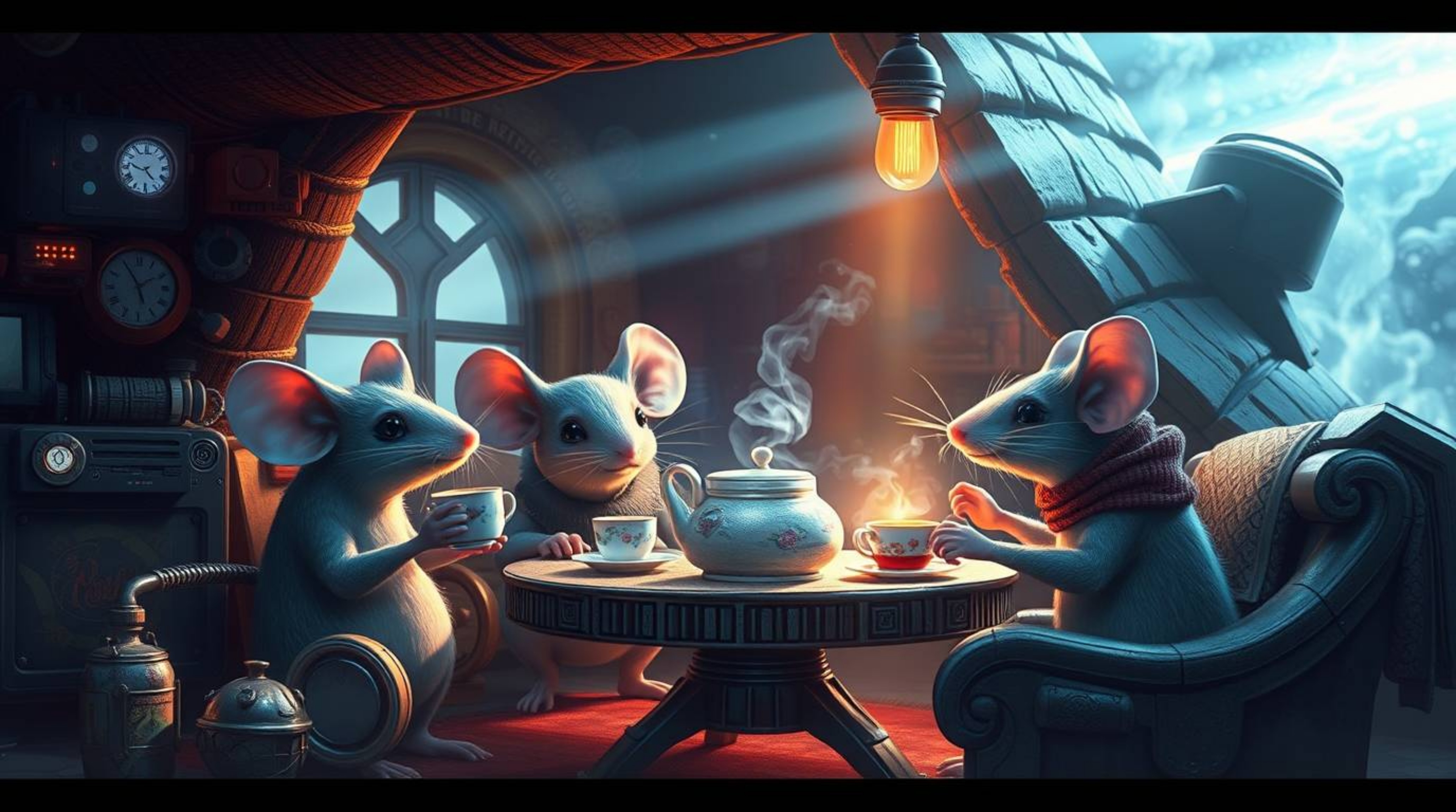 A captivating digital painting depicts anthropomorphic mice enjoying a tea party in a cozy cottage nestled within a futuristi