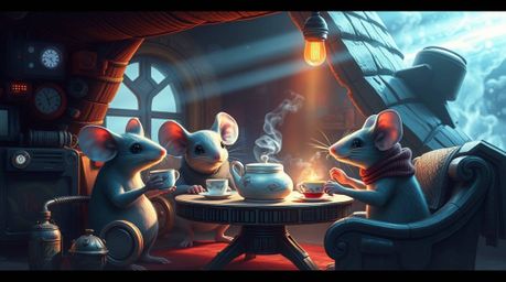 A captivating digital painting depicts anthropomorphic mice enjoying a tea party in a cozy cottage nestled within a futuristi