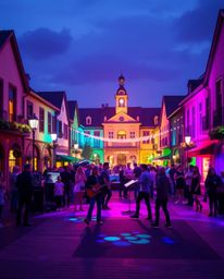 Experience a captivating musical performance set in a brightly lit town square, bathed in the enchanting glow of bioluminesce