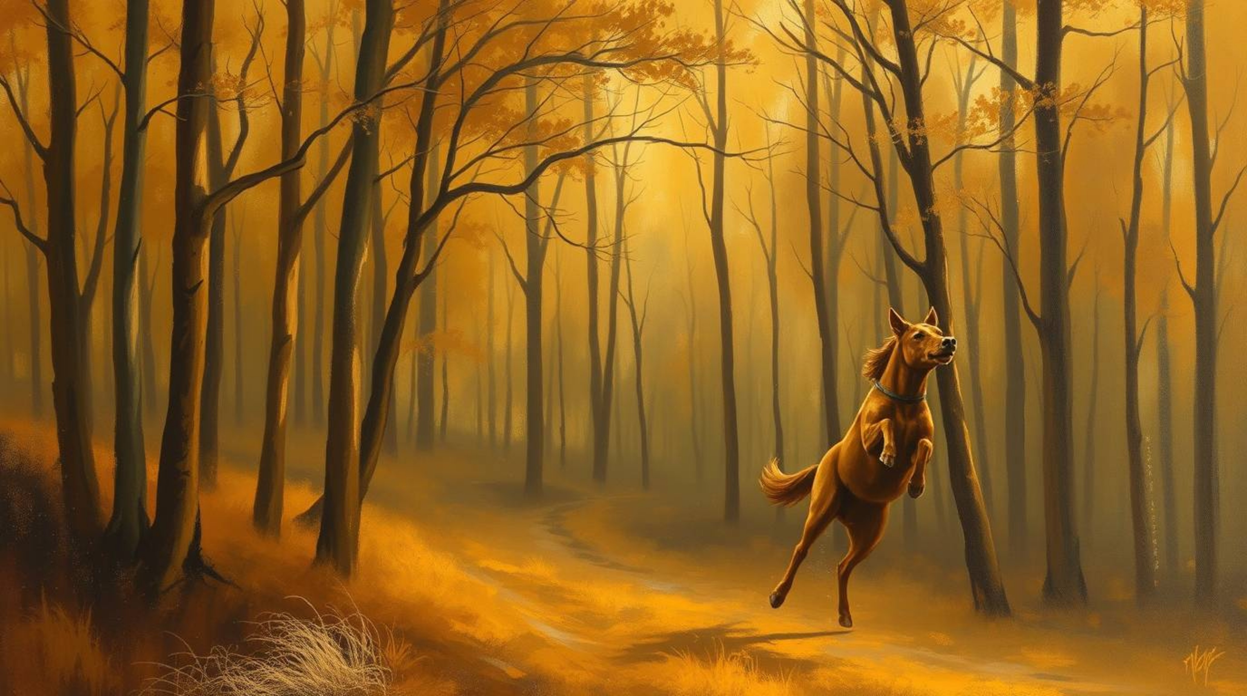 A captivating oil painting depicts a dynamic chase scene unfolding within a looping forest.  Rendered in warm golden hues, th