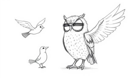 A heartwarming hand-drawn sketch on a white background depicts a blind owl with subtly expressive features, patiently teachin