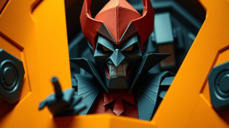 A close-up shot showcasing an origami-style depiction of a villain experiencing a humorous breakdown within a high-tech lair.