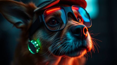 An extreme macro close-up capturing a dog detective equipped with bioluminescent high-tech gadgets under natural light. The i
