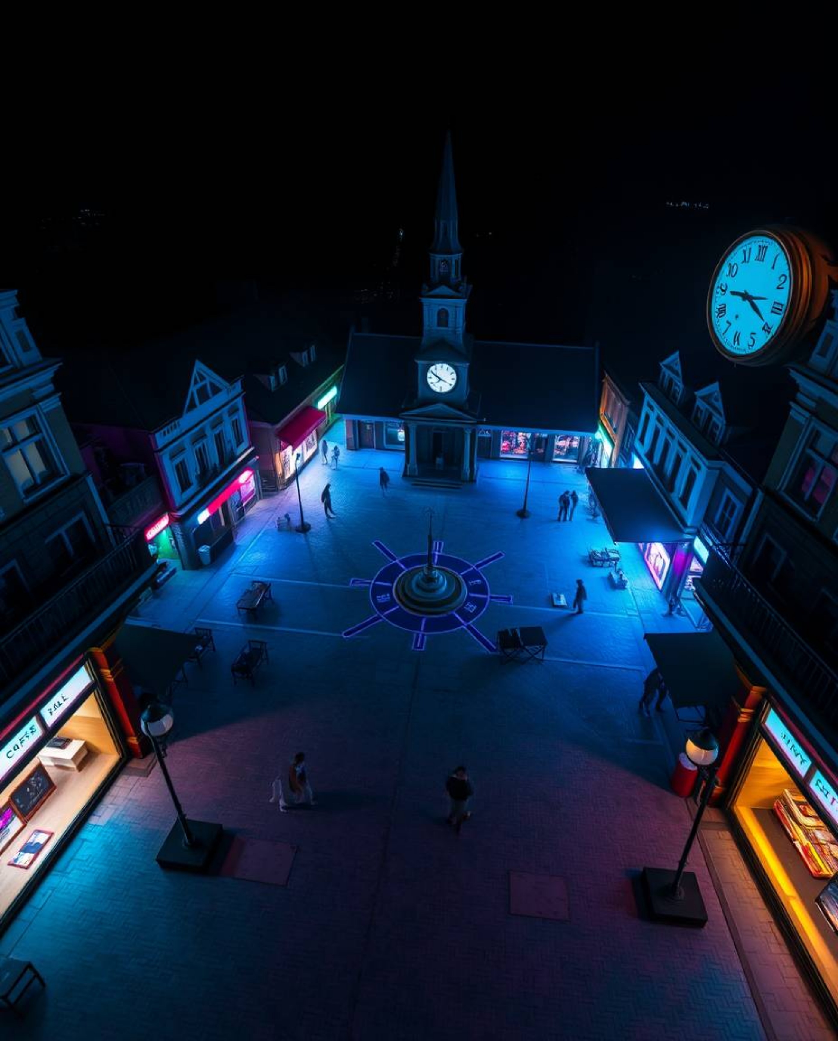 Capture the surreal beauty of an empty town square bathed in glowing, bioluminescent colors.  The scene features ticking cloc