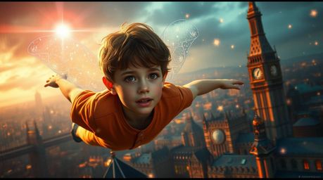A captivating digital painting depicts a young boy with fair skin and brown hair soaring above London, propelled by magical p