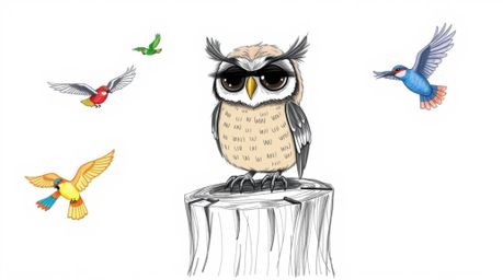 A heartwarming, hand-drawn sketch in Pixar style depicts a blind owl with large, expressive eyes, happily perched on a textur
