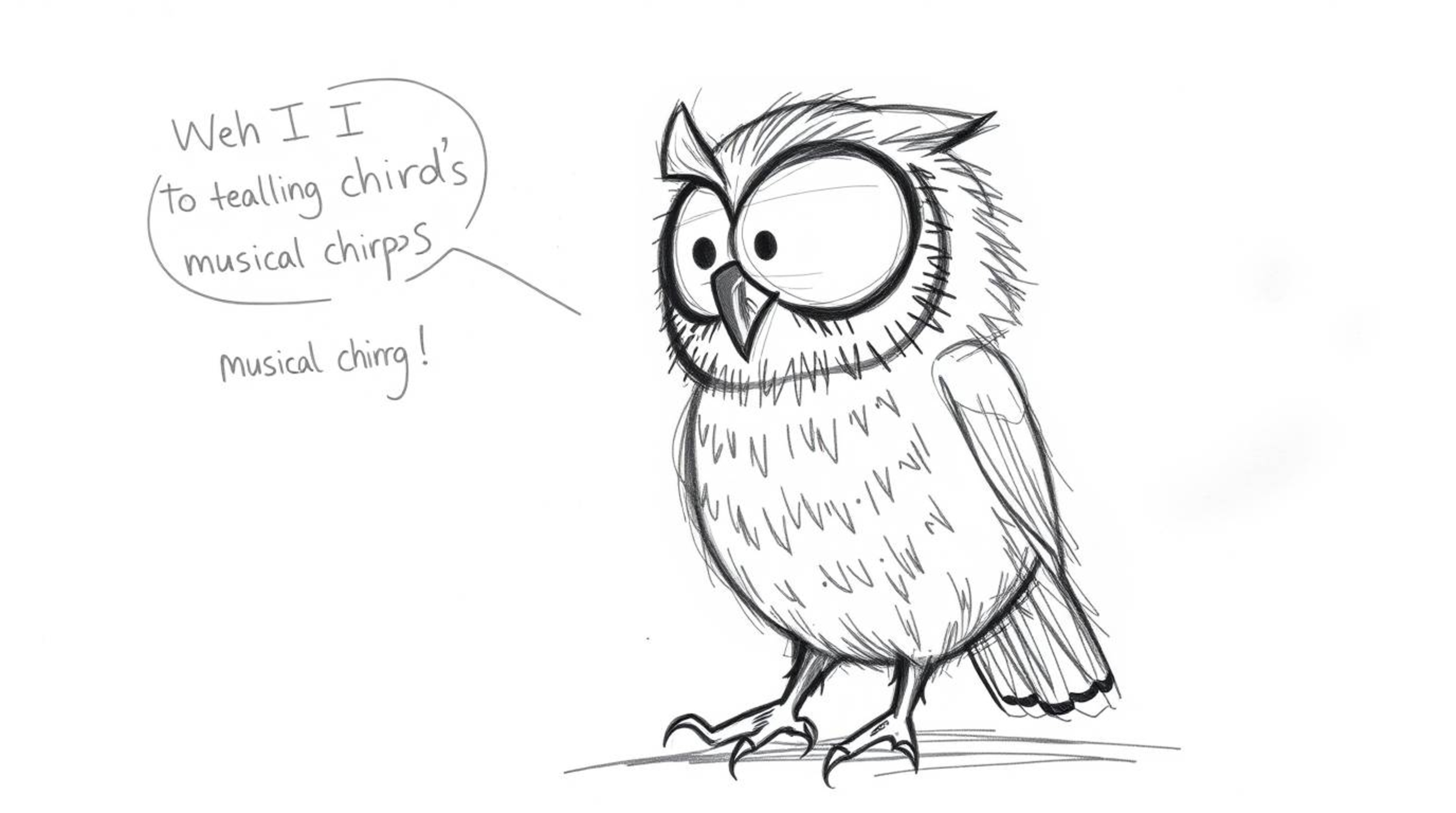 A heartwarming hand-drawn sketch, reminiscent of Pixar's style, portrays a visually impaired owl with textured pencil strokes
