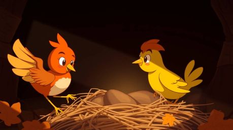 A charming scene depicting two cartoon birds in a classic animation style, diligently building a nest amidst strong, hard lig