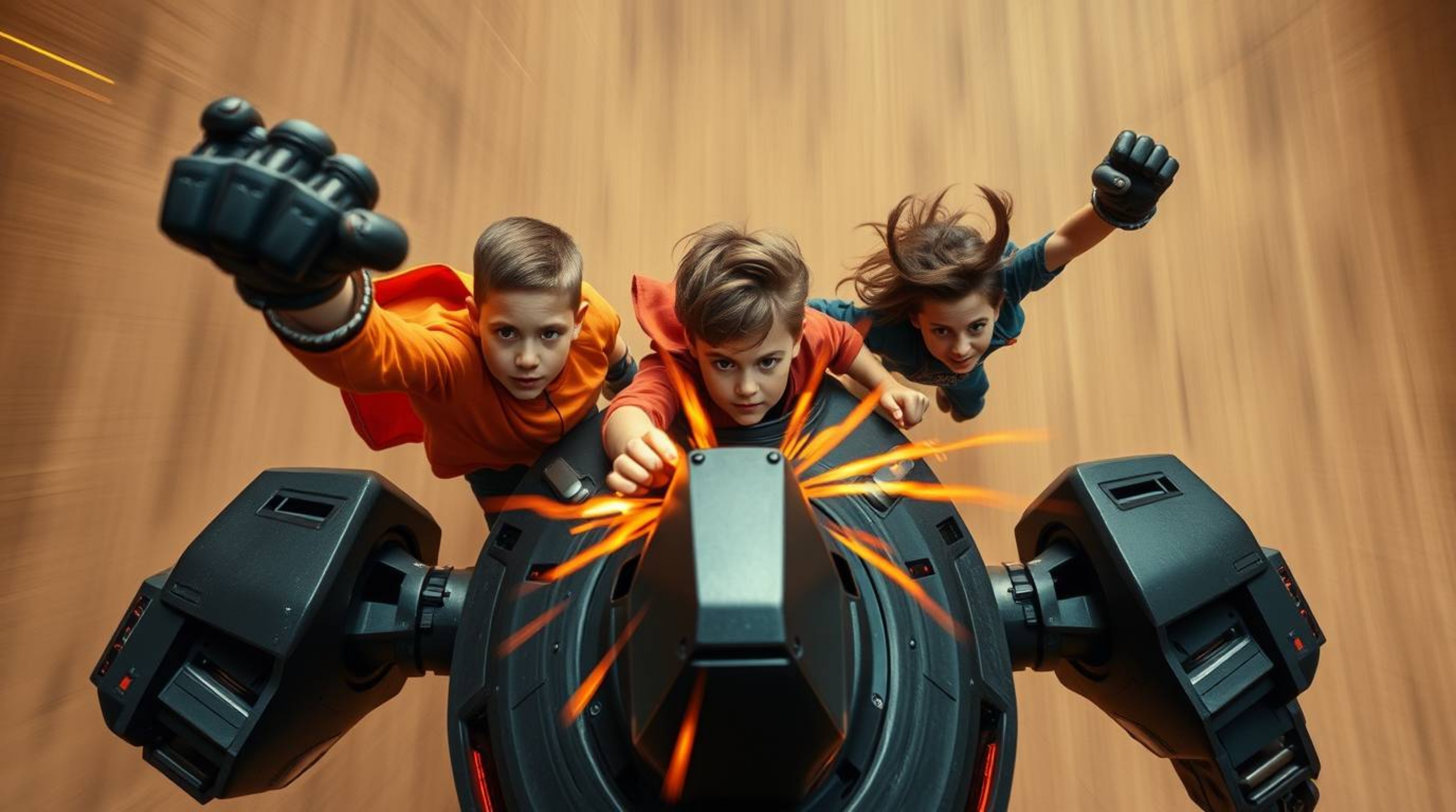 A dynamic scene showcasing three superpowered kids engaged in an intense battle against a formidable robot. Captured from an 