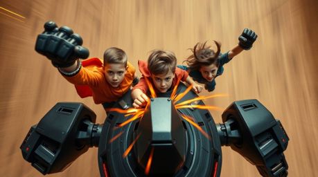 A dynamic scene showcasing three superpowered kids engaged in an intense battle against a formidable robot. Captured from an 