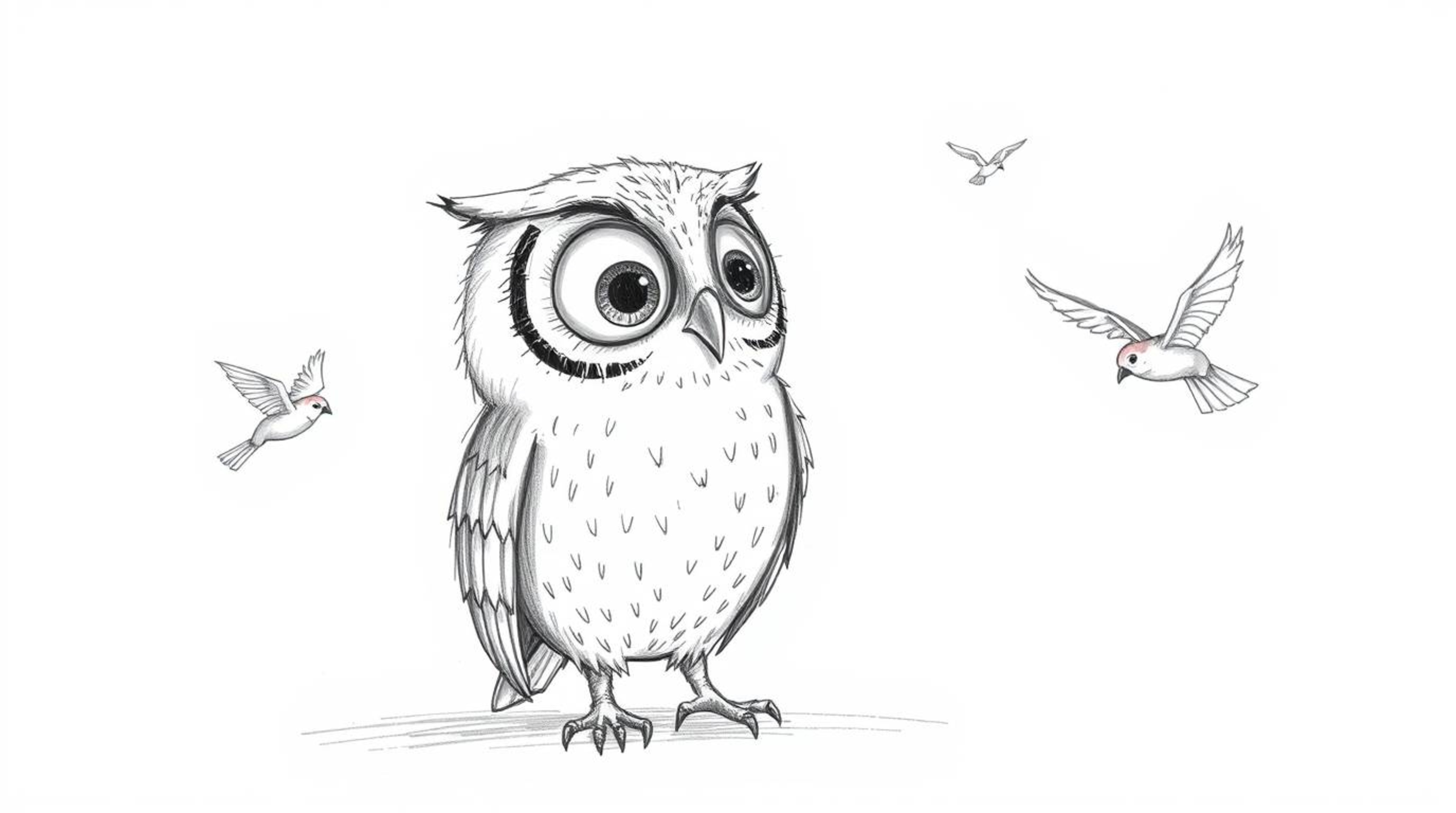 A heartwarming Pixar-style hand-drawn sketch depicts a blind owl with large, expressive eyes guiding birds in flight. Emphasi