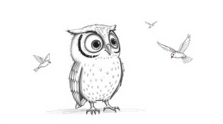 A heartwarming Pixar-style hand-drawn sketch depicts a blind owl with large, expressive eyes guiding birds in flight. Emphasi