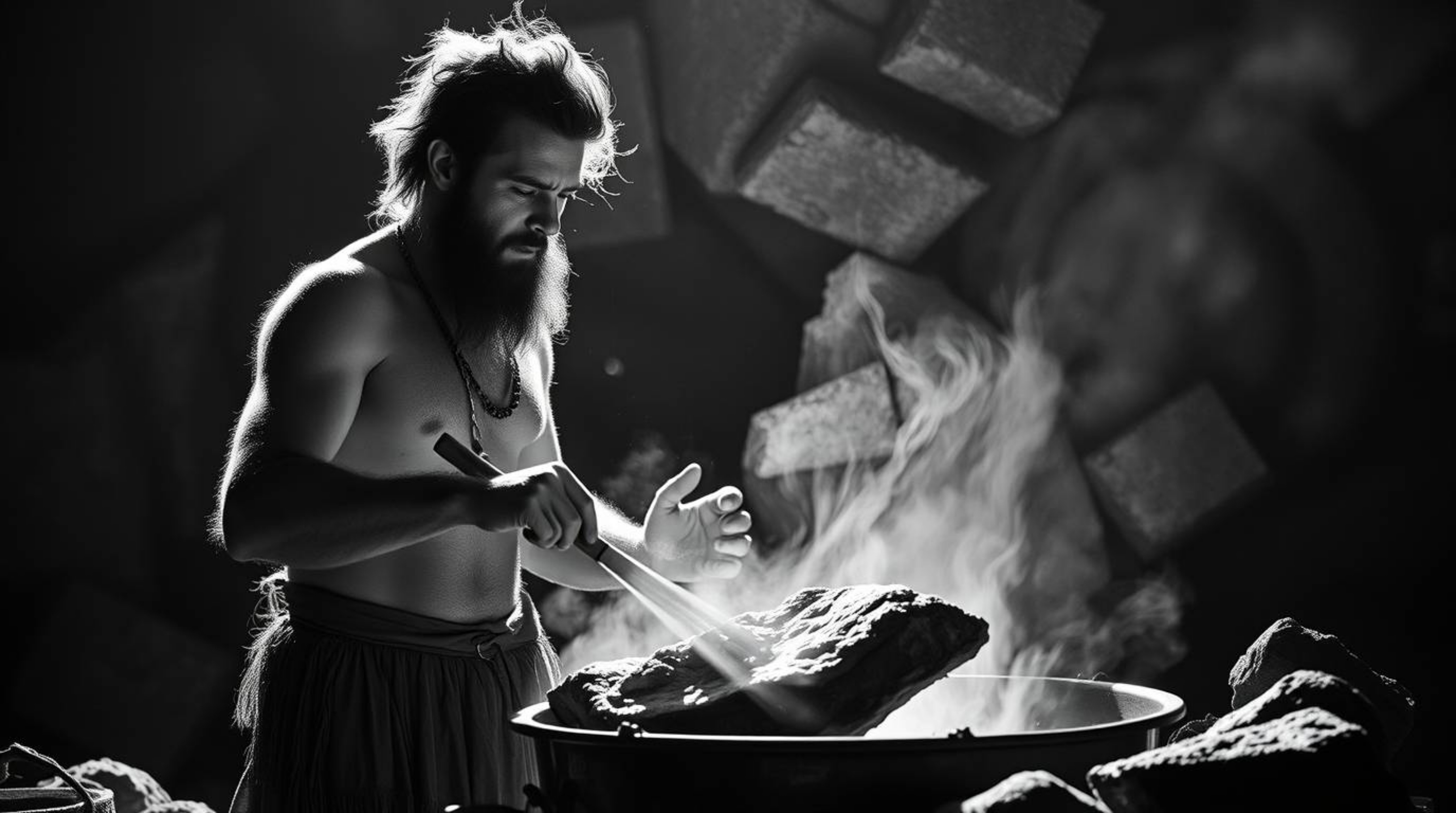 Explore a timeless scene captured in classic black and white, depicting a caveman diligently cooking mammoth meat.  This phot