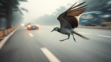 A captivating high-resolution stock photo captures a fast-running bird zooming past traffic, bathed in a soft cinematic haze.