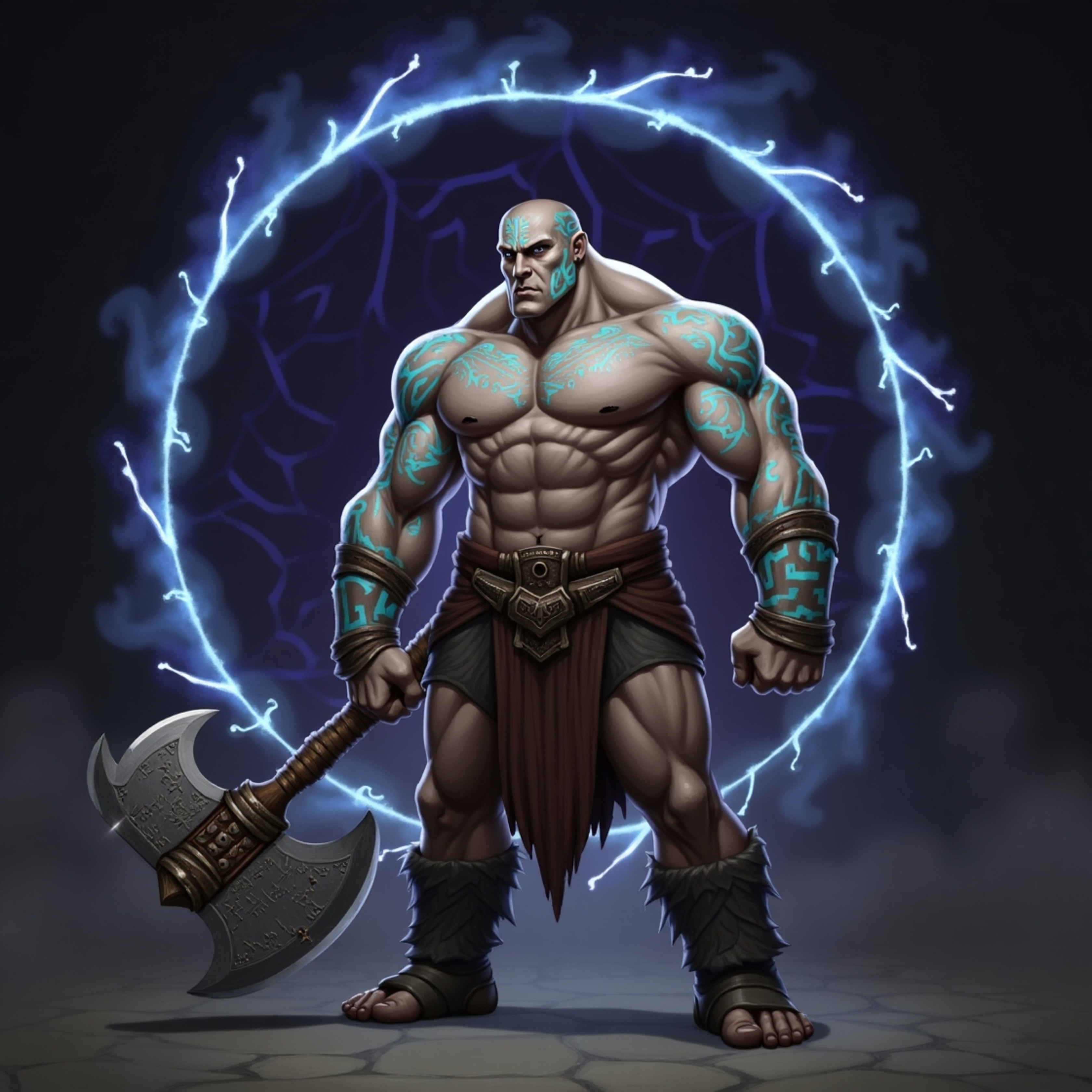 A powerful warrior stands before a swirling, dark portal pulsing with otherworldly energy. Intricate, glowing blue tribal tat