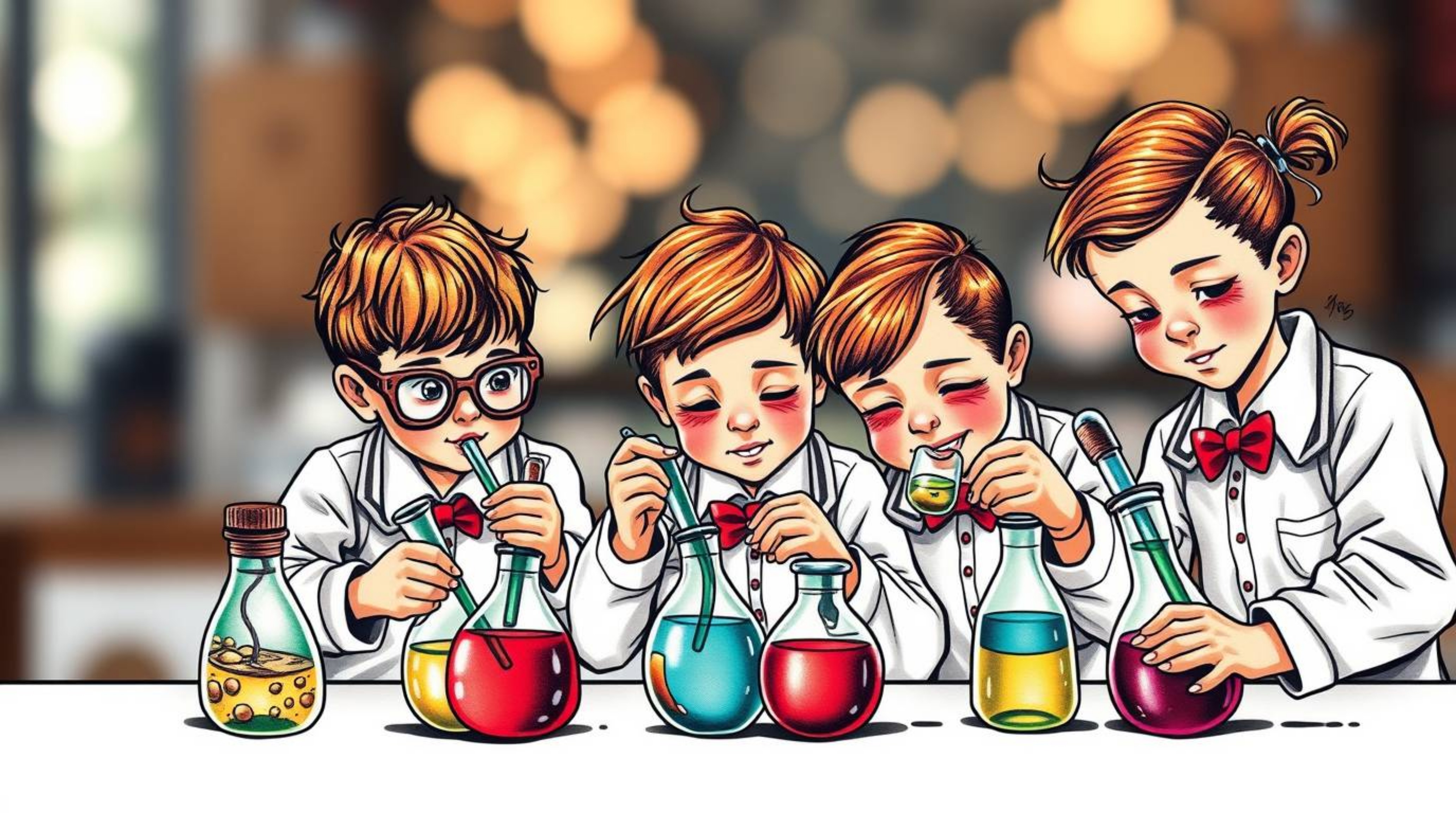 A vibrant traditional tattoo art print featuring quirky children in school uniforms conducting whimsical science experiments.