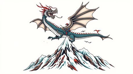 Explore this symbolic traditional tattoo art print featuring a dynamic low-angle perspective of a dragon and rider soaring ab