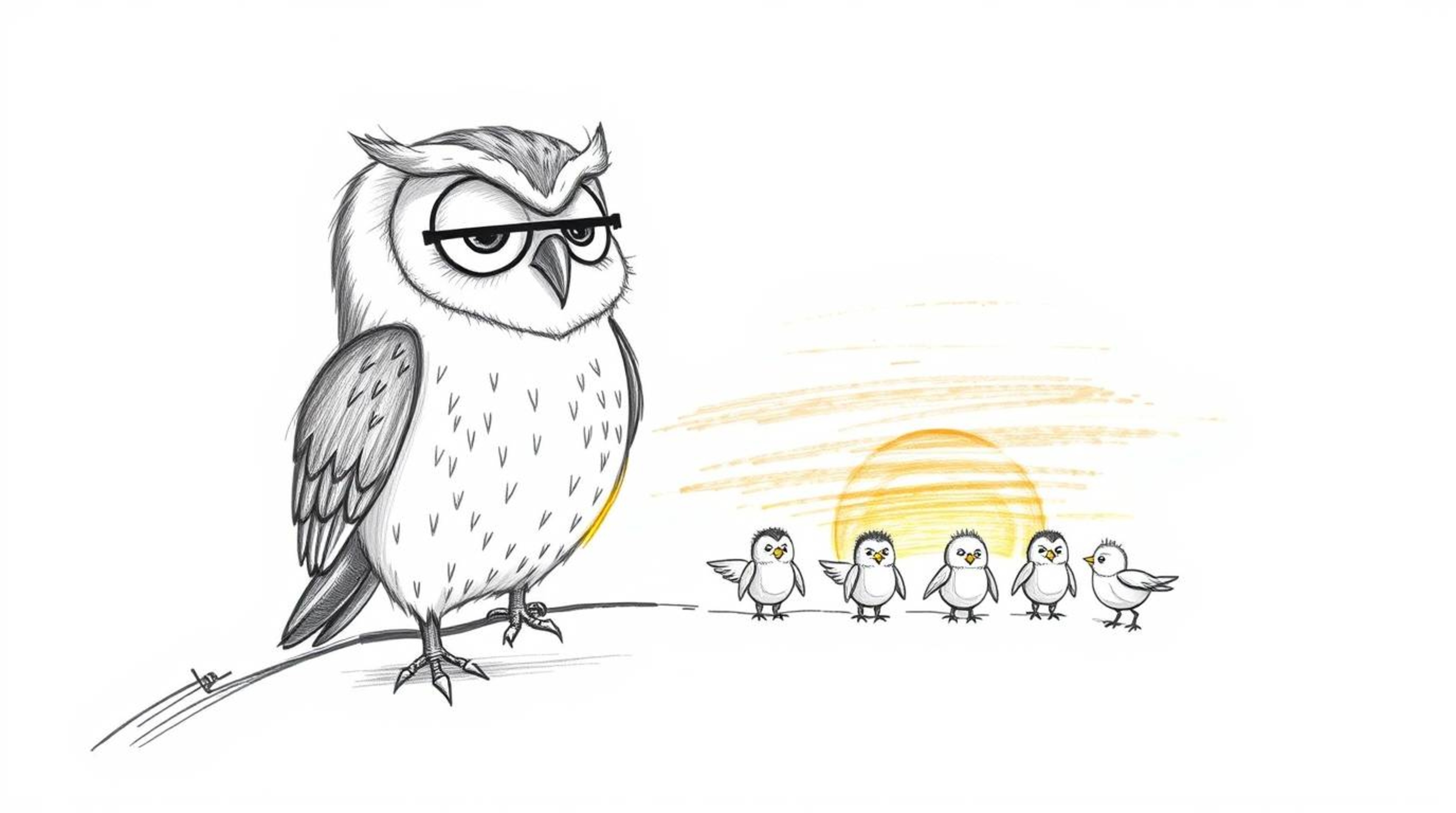 A heartwarming hand-drawn sketch in the style of Pixar depicts a blind owl with soft, downy feathers and gentle eyes.  This w